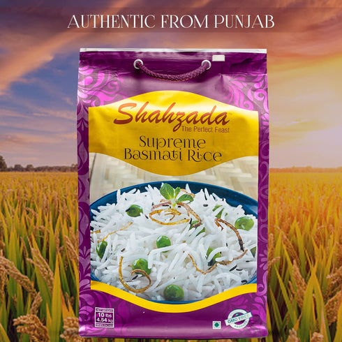 10 Lbs Shahzada Supreme Basmati Rice Extra Long Grain, Non-Sticky, Non GMO, Vegan, Gluten Free, No Cholesterol, Low