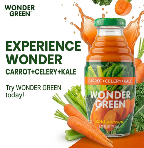 Wonder Green 100% 8.45 oz (6 Pack) Organic Carrot, Celery & Kale Cold Pressed Juice, | Vegetable Juice Blend, All