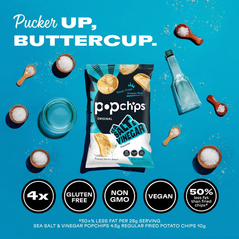 5.0 oz. 130 Popchips Potato Chips, Sea Salt & Vinegar, Share Bags, Low-Calorie, Gluten Free, Salty Snacks for Adults