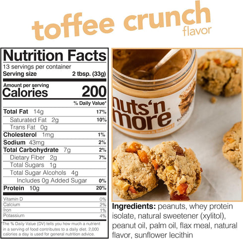 (15oz Jar)(Pack 2) Nuts N More Toffee Crunch Peanut Butter Spread - High Protein, Low Carb, Low Sugar, Gluten Free