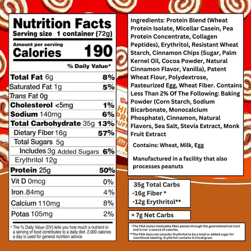 25g 7g 2.32-2.75oz 12-Pack Bootylicious | High-Protein Muffin | Protein, Net Carbs, Cup, (Cinnamon Bun)