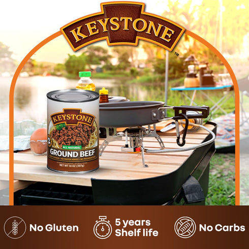 14 Oz Pack 2 Keystone Meats All Natural Heat and Serve Ground Beef Fully Cooked Canned Meat Shelf Stable Emergency