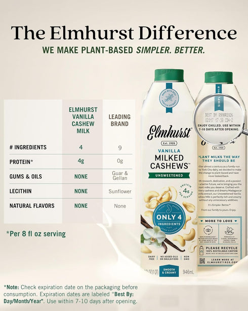 1925 32 (Pack 6) Elmhurst Vanilla Cashew Milk Unsweetened - Ounce of Dairy-Free, Vegan, Kosher, Shelf Stable Milk Made