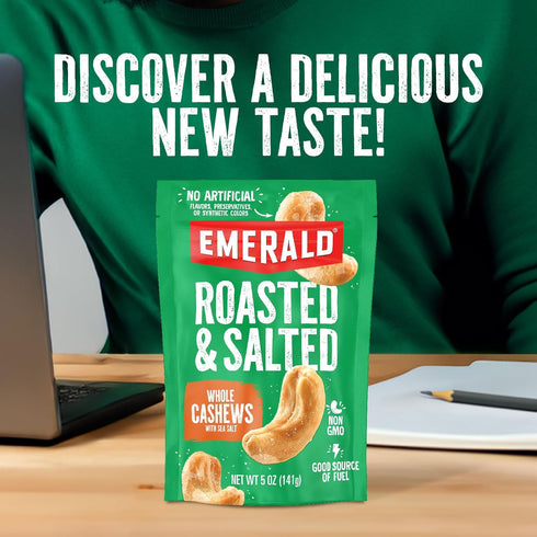 Roasted and Salted Whole Cashews Emerald Nuts (1-Pack), 5oz Resealable Bag, Kosher Certified