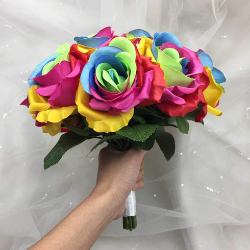 Silk Rainbow Rose Wedding Bouquet Boutonniere (A)