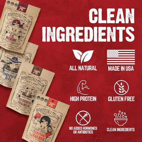 Righteous Felon Beef Jerky - All-Natural Locally Sourced & Dried Low-Sugar Healthy Snacks (Sampler Pack)