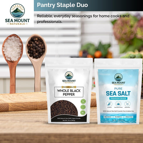 12 oz 2 lb Sea Mount Naturals Whole Black Peppercorns & Pure Sea Salt Coarse | Premium Salt & Pepper Grinder Refill