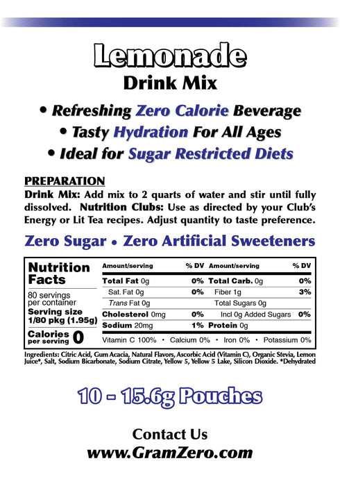 GramZero Lemonade, Sugar Free Drink Mix, Pitcher Pack, Zero Calorie, Stevia Sweetened, Great for Nutrition Club Loaded