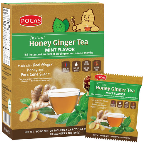 Pocas Honey Ginger Instant Tea Powder, Mint Flavor, Real Ginger Extract & Honey,