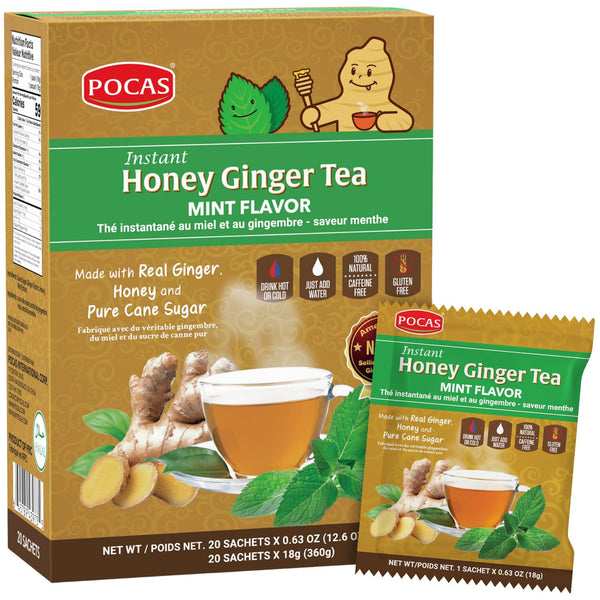 Pocas Honey Ginger Instant Tea Powder, Mint Flavor, Real Ginger Extract & Honey,