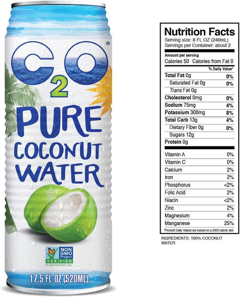 C2O 17.5 OZ (Pack 12) Pure Coconut Water | Plant Based | Non-GMO | No Added Sugar | Essential Electrolytes | FL