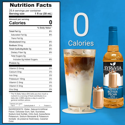 25.4 oz 0 Syruvia Sugar-Free Butter Pecan & Pistachio Syrup - fl Premium Coffee Flavoring Syrup. Calories, Kosher