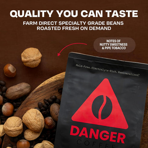 10.9 Danger Coffee by Dave Asprey, Remineralized, Mold Free & Lab Tested Whole Bean Coffee, Medium Roast, Ounce