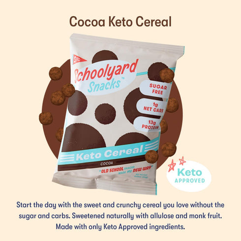 |13g 12 Pack Schoolyard Snacks Keto Cereal - Cocoa Flavor Protein, Low Carb, Low Sugar, Low Calories | Gluten-Free