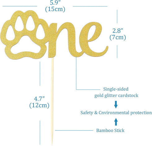Gold Paw One Cake Topper - Golden Glitter Cardstock 1st Birthday Cake Smash Party Decoration for Baby