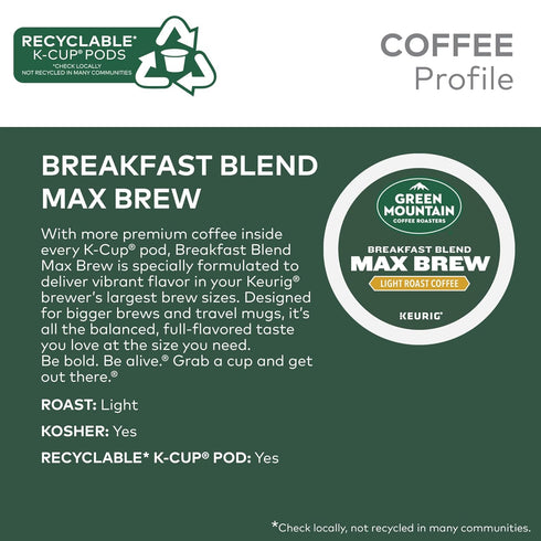 60-Count (6 Packs 10) Green Mountain Coffee Roasters Breakfast Blend Max Brew, Single Serve Keurig K-Cup Pods, Light