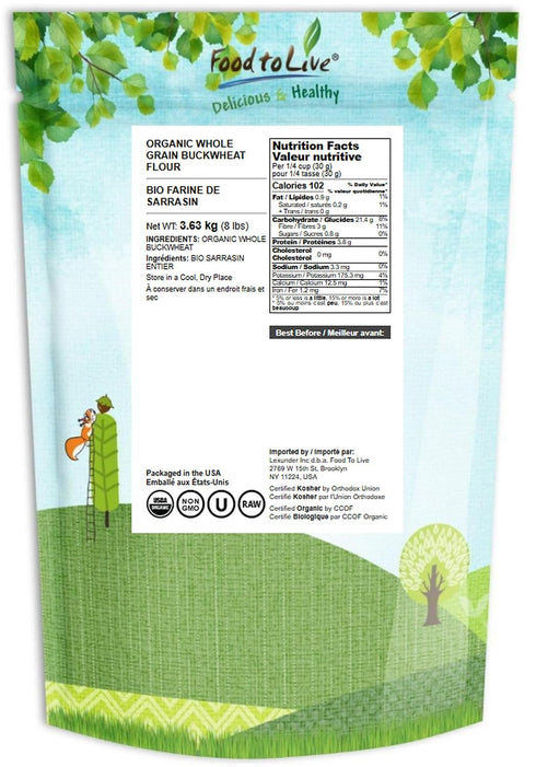 8 Food to Live Organic Whole Grain Buckwheat Flour, Pounds Non-GMO, Kosher, Unbleached, Unbromated, Unenriched, Stone