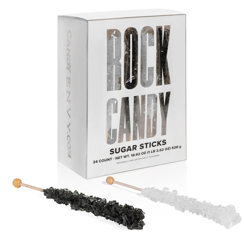 Black and White Rock Candy Sugar Sticks - 24 Individually Wrapped Candy