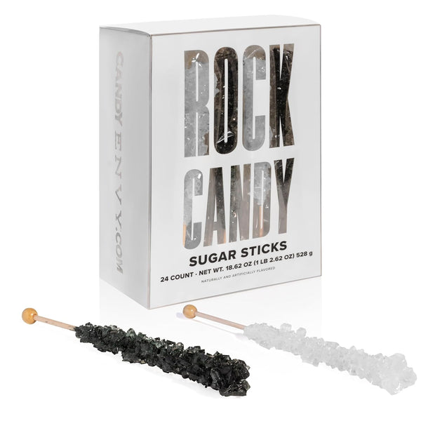 Black and White Rock Candy Sugar Sticks - 24 Individually Wrapped Candy