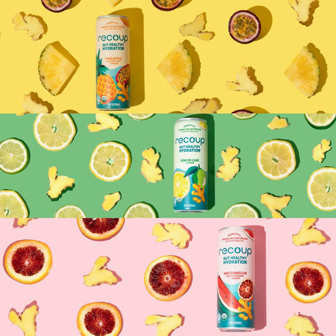 ((Pack 12), Recoup Organic Sparkling Prebiotic Drink - Ginger with Electrolytes for Gut Health Support & Hydration, No