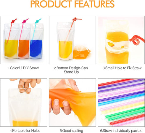 Yamgqus 100PCs 100PCS 17oz (100 Pack) Drink Pouches with Individual Wrapped Straws, Freezable Juice Pouches DIY