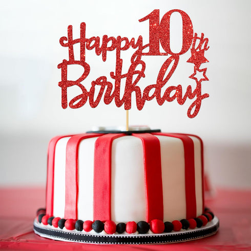 Red Glitter Happy 10th Birthday Cake Topper, Cheers to 10 Years Party Supplies, 10th Birthday Decorations