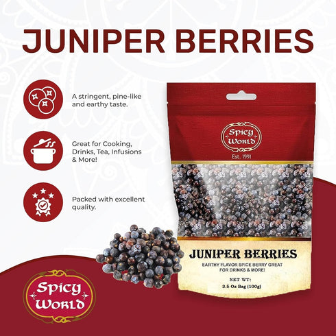 Spicy World 3.5 Juniper Berries Whole Ounce Bag- Pure - Great for Cooking, Drinks, Tea & More!