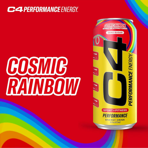 C4 200mg 16 Oz (12 Pack), Packaging Performance Energy Drink Cosmic Rainbow, Zero Sugar Carbonated Preworkout Energy