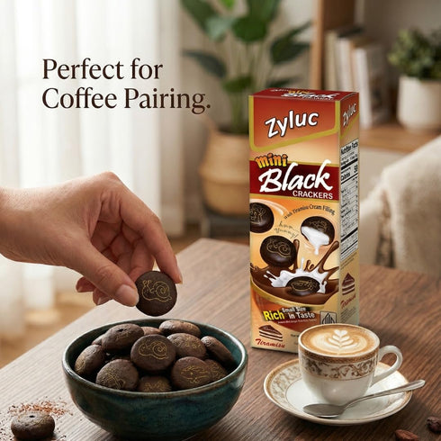 35g Pack Pack 20 Zyluc Mini Black Crackers Tiramisu Flavored Snack with Coffee Cocoa Blend Portable Light Crunch, Halal
