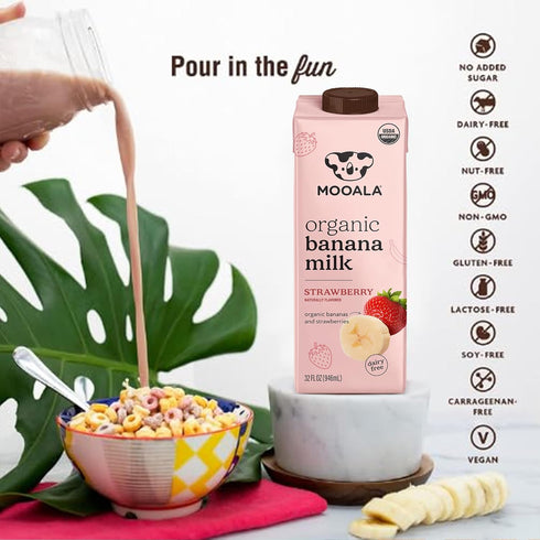 32 oz (Pack 6) Mooala Organic Strawberry Bananamilk, fl of Shelf-Stable, Non-Dairy, Nut-Free, Gluten-Free, Plant-Based