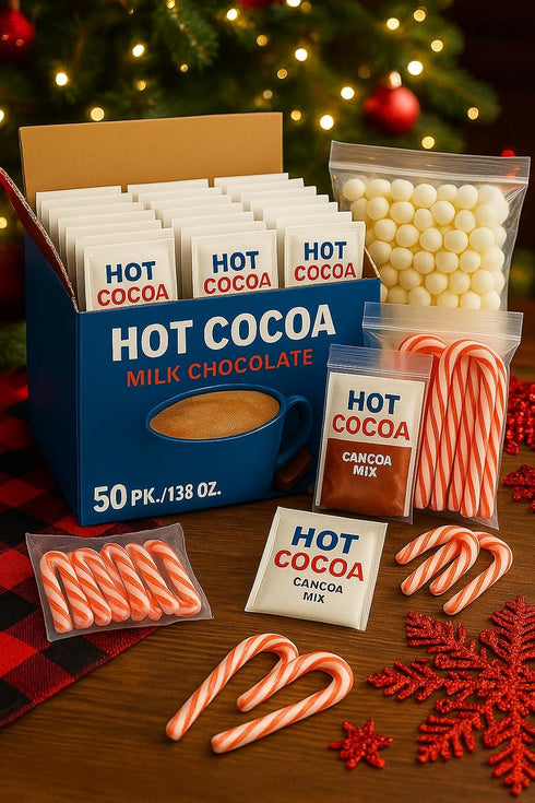 Generic 50 Set Holiday Hot Cocoa Gift Box Milk Chocolate Hot Cocoa Mix with Mini Marshmallows & Candy Canes, Individual