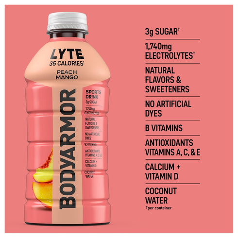 35 28 Oz (15 Pack), BODYARMOR LYTE, Peach Mango, Electrolyte Drink, Calories, Fl Bottles Coconut Water Sports Drink