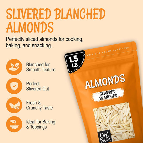 100% 1.5 lb Packed Oh! Nuts Almonds Blanched Slivered - Raw - Natural - - White Almond Sticks - in New York Zip-Seal