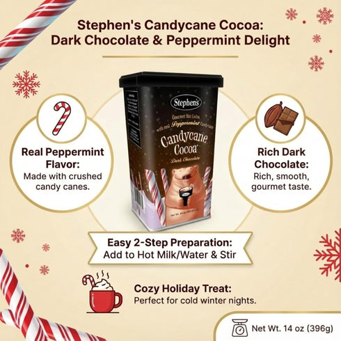 STEPHEN'S 14 oz (Pack 3) Stephens Gourmet Dark Chocolate Candy Cane Hot Cocoa Mix, Rich & Creamy Peppermint Cocoa