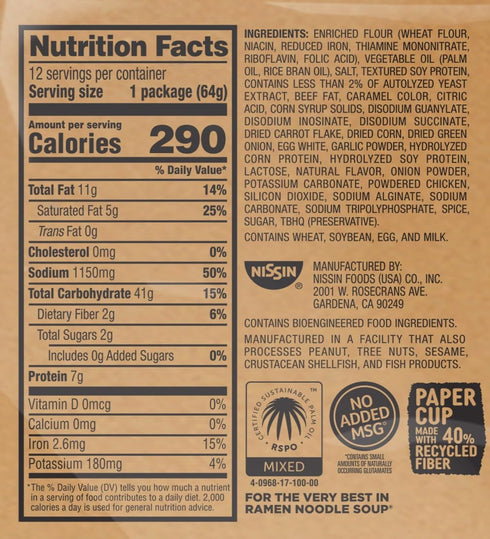 2.25 (Pack 12) Nissin Cup Noodles Soup, Beef Flavor, Microwaveable Paper Cups, Instant Ramen, Ounce