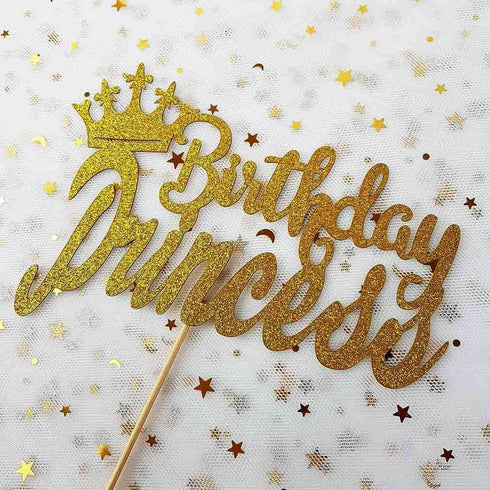 Happy Birthday Cake Topper for Princess Birthday Party Decorations, Double-faced Gold Glitter