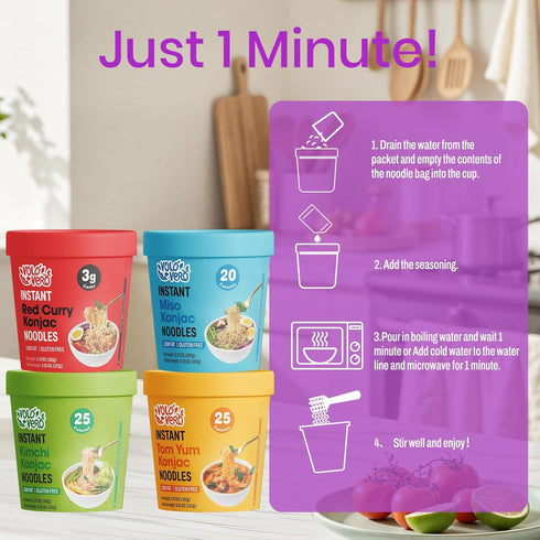 Pack 6 Packs, VOLO VERO Konjac Noodle Variety - Tom Yum, Miso, "Spicy" Kimchi, Red Curry, Gluten Free, Vegan, Low Carb
