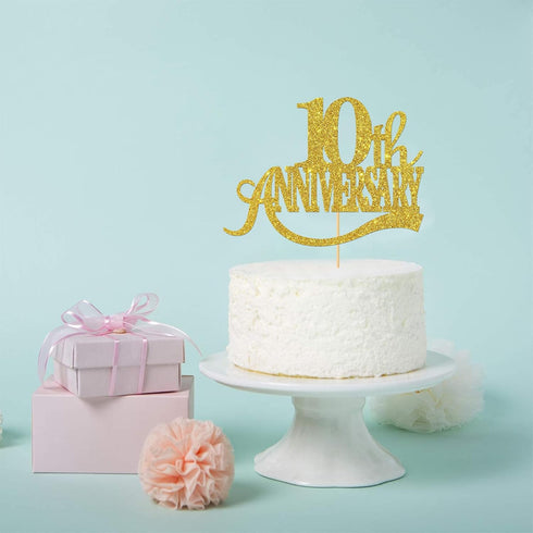 Gold Glitter 10th Anniversary Cake Topper - Happy 10th Wedding Anniversary / Birthday Party Decorations