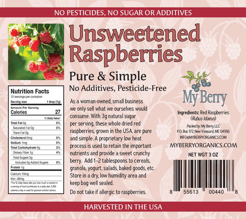 Unsweetened Dried Raspberries, USA Grown, No Added Sugar/Additives, 3oz, Woman-Owned Small Business