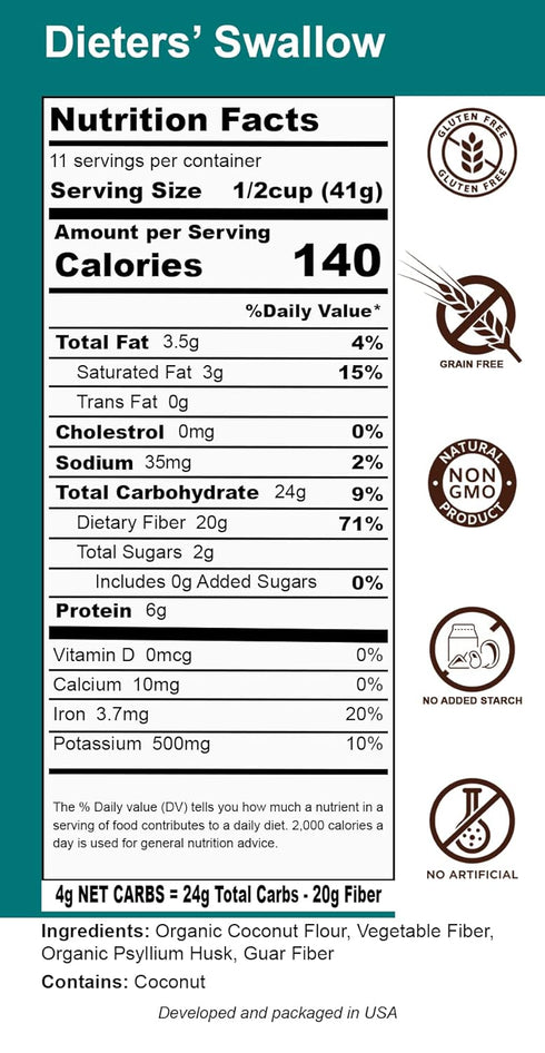 Dals Foods 100% Packaged Healthy Nutritious Fufu, Dieters' Swallow | Natural Flour, Low-Carb, Plant-Based Fiber