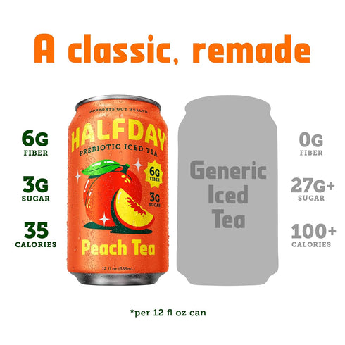 6g 3g 35 12 oz (12 pack) HALFDAY Prebiotic Peach Iced Tea Cans, Supports Digestive & Gut Health, Plant Fiber