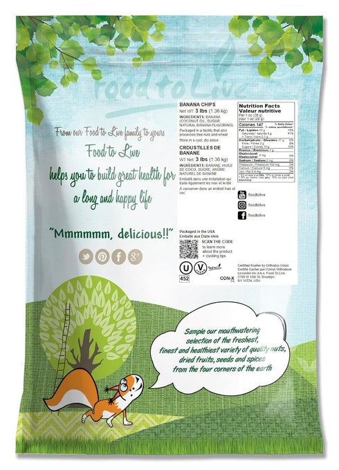 3 Food to Live Banana Chips, Pounds Sweetened, Unsulfured, Kosher, Vegan, Bulk, Crisp & Tasty Snack