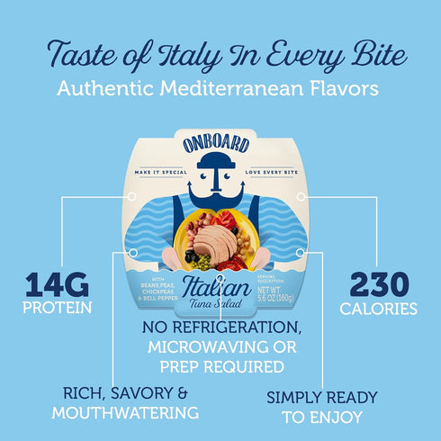(5.64 oz, Pack 6) Onboard Ready to Eat Italian Tuna Salad - Tuna Snacks with Beans, Chickpeas, Peas & Peppers