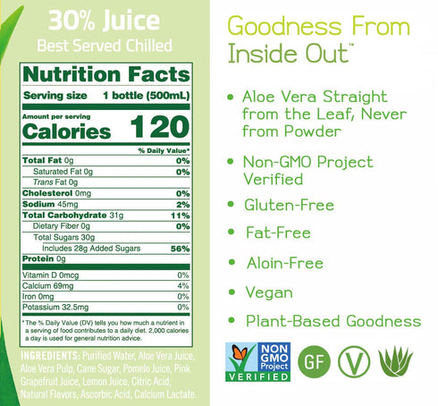 16.9 oz, Pack 12 ALO Aloe Vera Juice Drink | APPEAL - Pomelo + Grapefruit + Lemon | fl of | Plant-Based Drink with Real