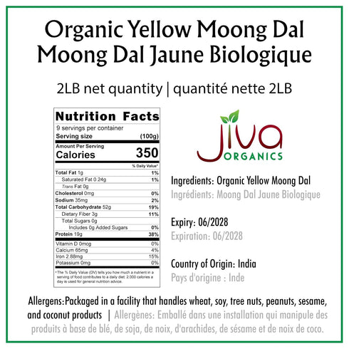 2 LB Jiva Organic Yellow Moong Dal - Non-GMO, Gluten Free - Great for Kitchari - Split Yellow Mung Beans
