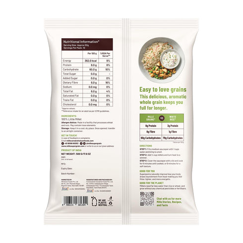 6 500 Mille Little Millet Whole Grain | Kutki | Gluten Free | No Chemicals | High Plant Protein and Fibre | Sambar
