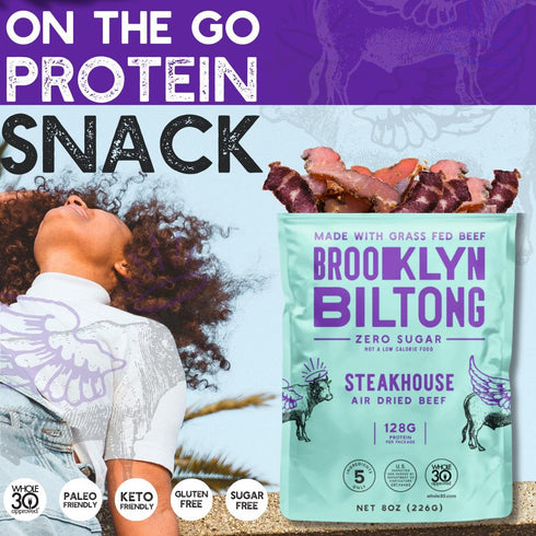 Brooklyn Biltong Air Dried Grass Fed Beef Snack, South African Jerky (8 oz, Pack of 1) - Whole30 Approved.