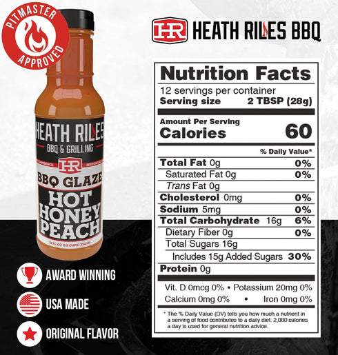 80+ 12 oz Heath Riles BBQ Hot Honey Peach BBQ Glaze Sweet & Spicy Peach BBQ Sauce, Rib Glaze for Ribs, Pork, or Ham