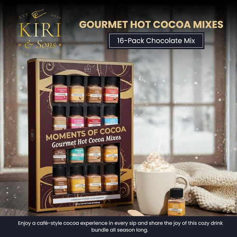 Set 16-Pack Hot Chocolate Mix Gift - Ultimate Gourmet Hot Cocoa Sampler Box with Caramel, Vanilla, Peppermint, Toasted