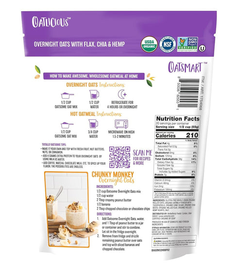 7g 2 lb 8 oz (40oz) Oatsome Organic Overnight Oats with Chia, Flax, & Hemp, Gluten-Free Oatmeal with of Protein, Bag